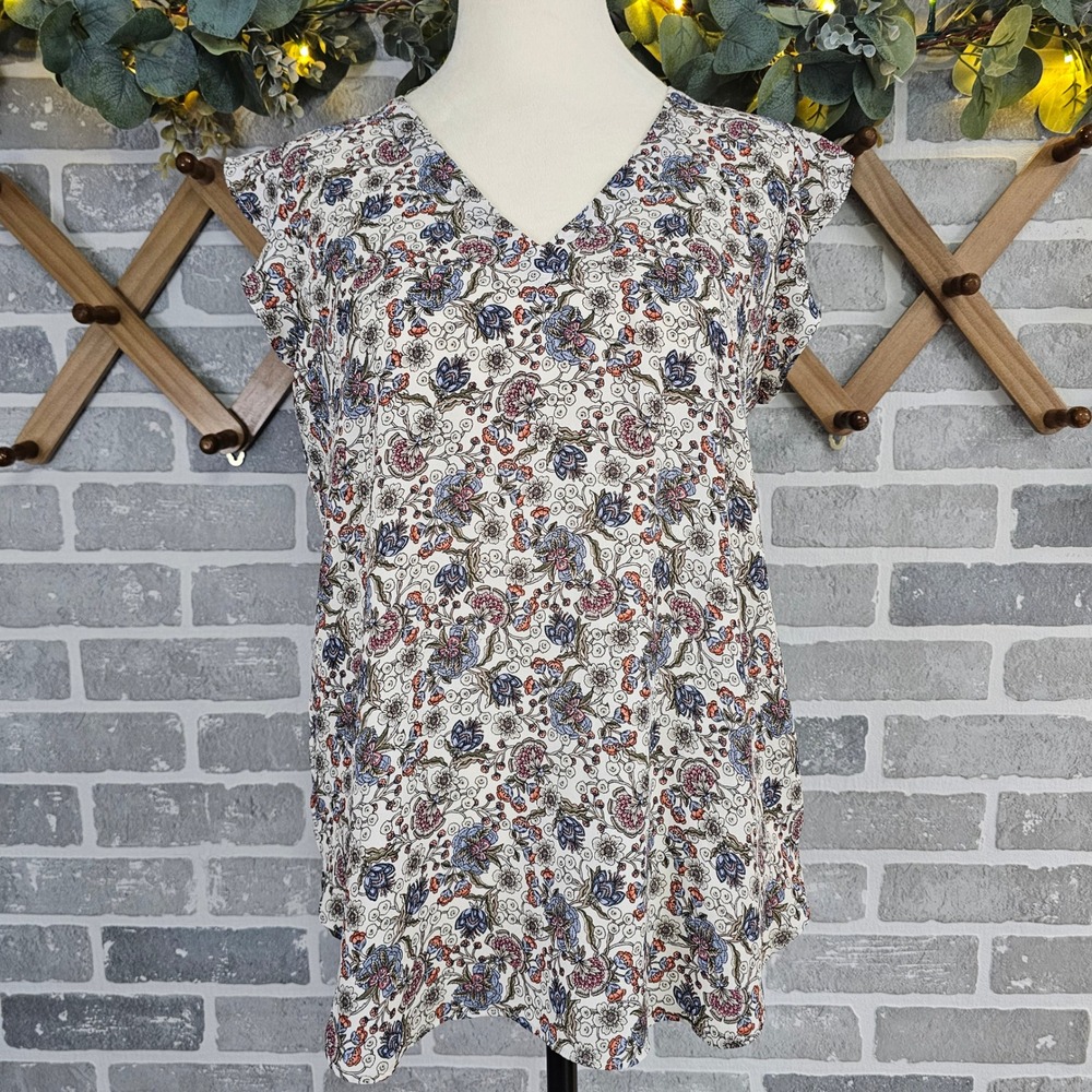 Loft Women Blue Pink Floral V-Neck Sleeveless Ruffle Blouse Top Small Career